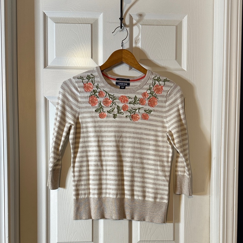 Lands' End Beige Striped Sweater with Coral Floral Design